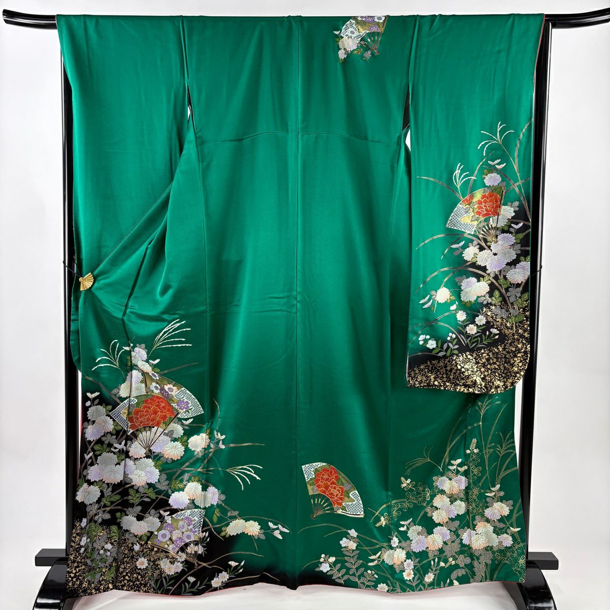 振袖禮服 身長166.5cm 袖長67cm M 雙層 扇子 菊花 金彩裝飾 染分 綠 純蠶絲 秀品級