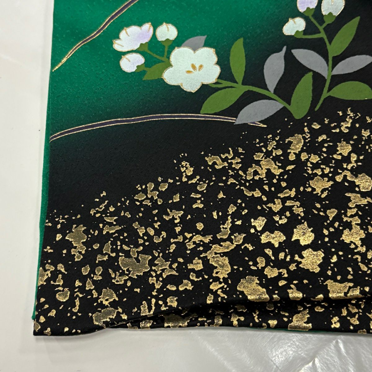 振袖禮服 身長166.5cm 袖長67cm M 雙層 扇子 菊花 金彩裝飾 染分 綠 純蠶絲 秀品級