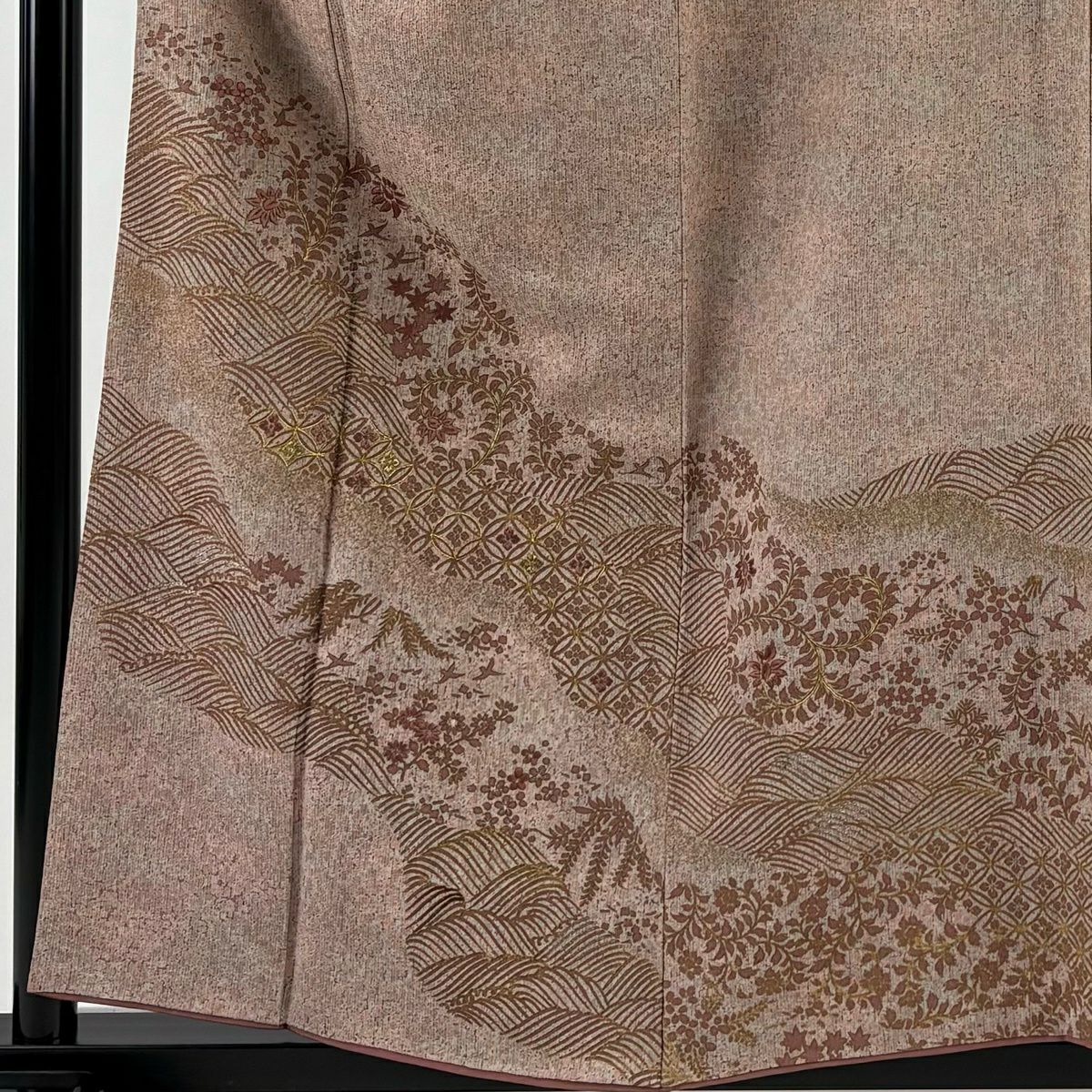 付下 身長158cm 袖長65cm M 雙層 紬織織 波 花唐草紋 金銀線 金銀彩 薄小豆 純蠶絲 優品級
