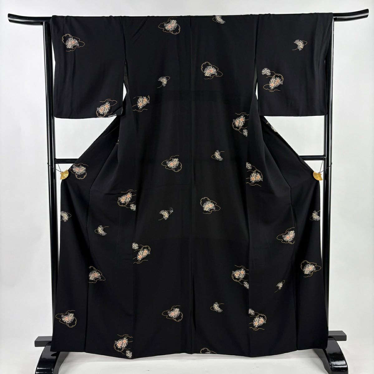 【美品】 小紋 身長164.5cm 袖長65.5cm M 雙層 草花紋紋 雪輪 金銀彩 黑 純蠶絲 秀品級