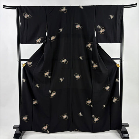 【美品】 小紋 身長164.5cm 袖長65.5cm M 雙層 草花紋紋 雪輪 金銀彩 黑 純蠶絲 秀品級