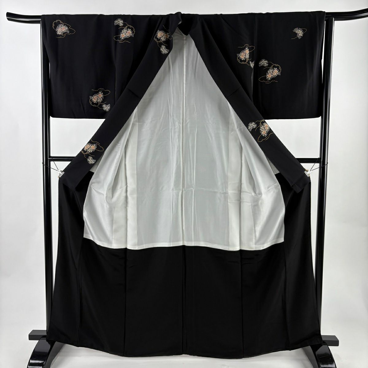【美品】 小紋 身長164.5cm 袖長65.5cm M 雙層 草花紋紋 雪輪 金銀彩 黑 純蠶絲 秀品級