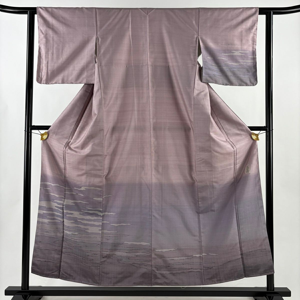 【美品】 付下 身長154.5cm 袖長60.5cm S 雙層 紬織織 漢方草木染 霞 漸層 淡紫 純蠶絲 優品級