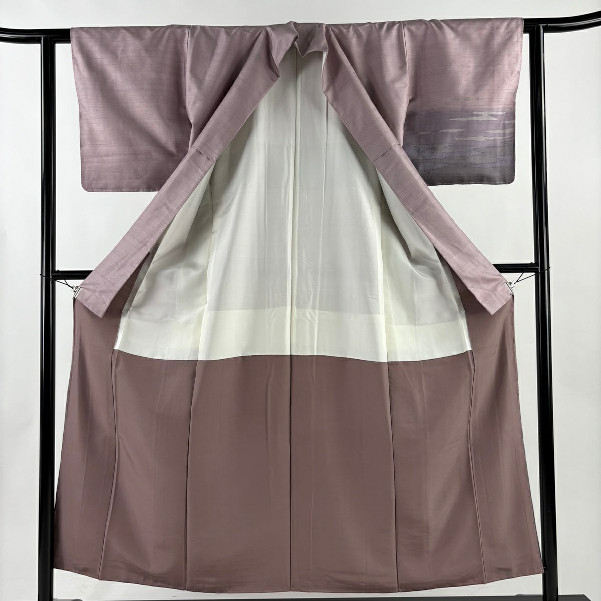 【美品】 付下 身長154.5cm 袖長60.5cm S 雙層 紬織織 漢方草木染 霞 漸層 淡紫 純蠶絲 優品級