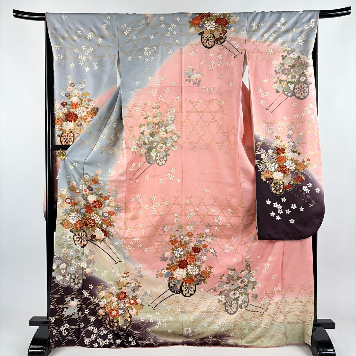 振袖禮服 身長170.5cm 袖長66.5cm M 雙層 花車 籠目 金絲 金銀彩 青灰 純蠶絲 秀品級