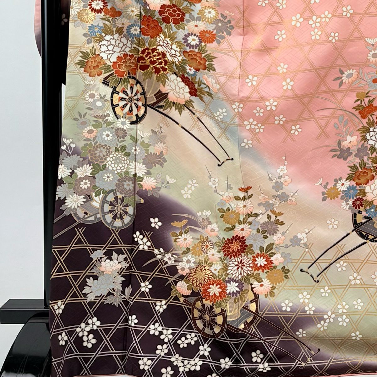 振袖禮服 身長170.5cm 袖長66.5cm M 雙層 花車 籠目 金絲 金銀彩 青灰 純蠶絲 秀品級