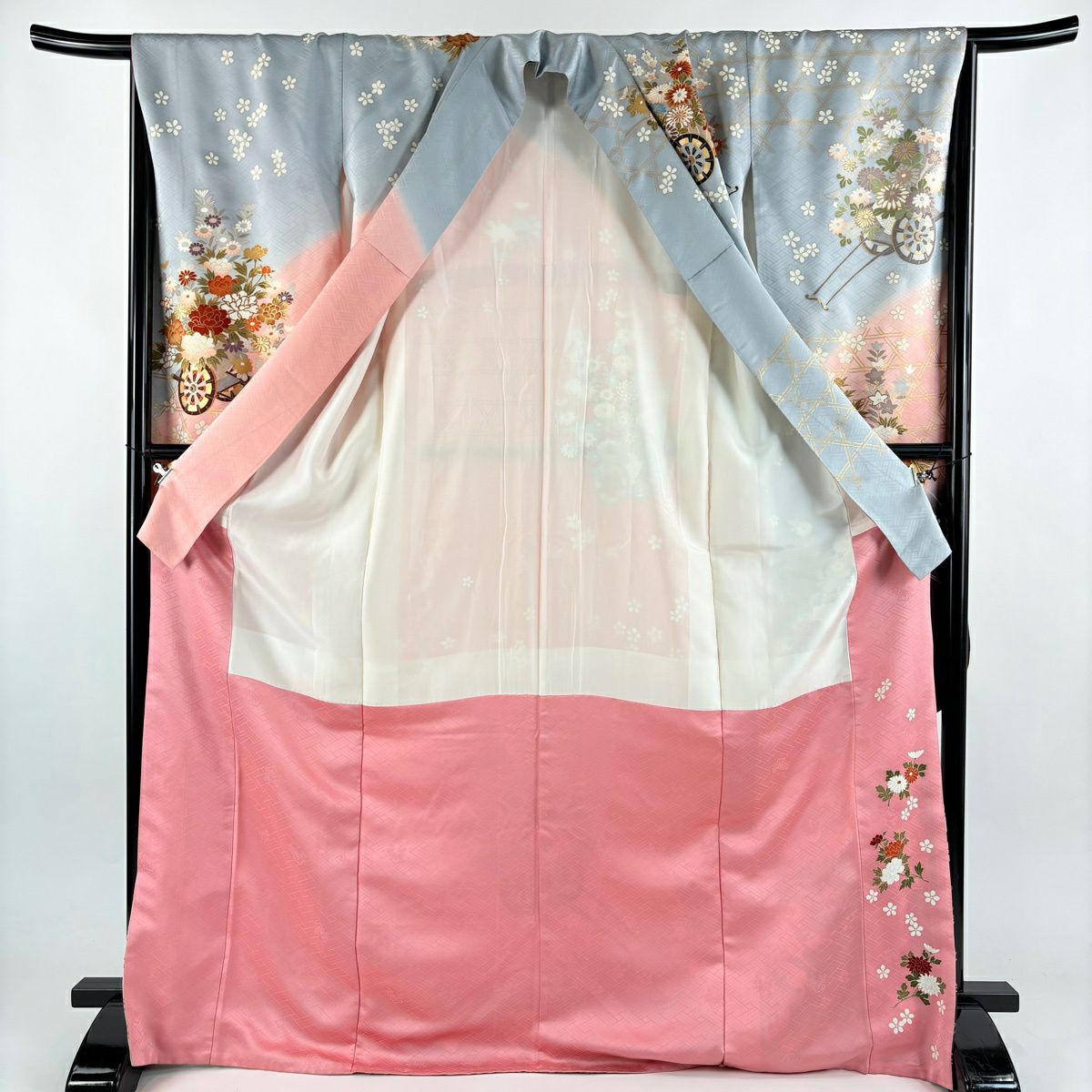 振袖禮服 身長170.5cm 袖長66.5cm M 雙層 花車 籠目 金絲 金銀彩 青灰 純蠶絲 秀品級