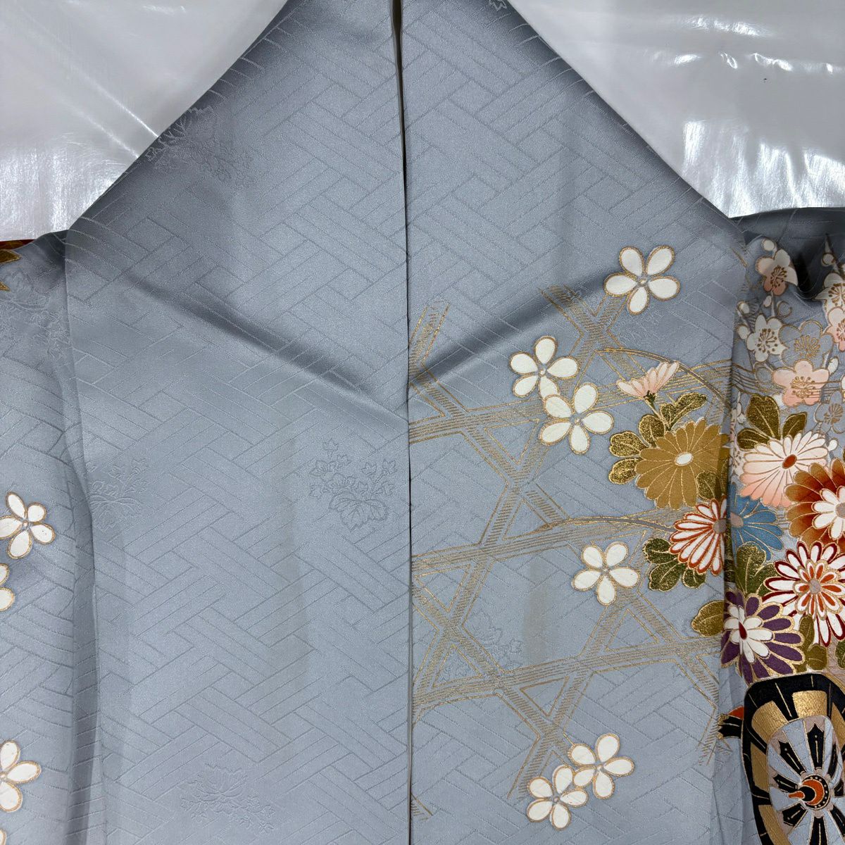 振袖禮服 身長170.5cm 袖長66.5cm M 雙層 花車 籠目 金絲 金銀彩 青灰 純蠶絲 秀品級