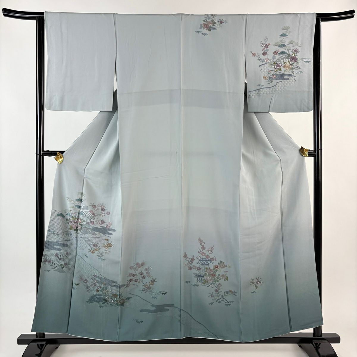 訪問服 身長155.5cm 袖長63.5cm S 雙層 松樹竹子梅花 家屋 刺繡 漸層 青灰 純蠶絲 秀品級