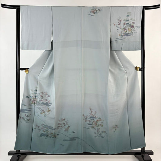 訪問服 身長155.5cm 袖長63.5cm S 雙層 松樹竹子梅花 家屋 刺繡 漸層 青灰 純蠶絲 秀品級