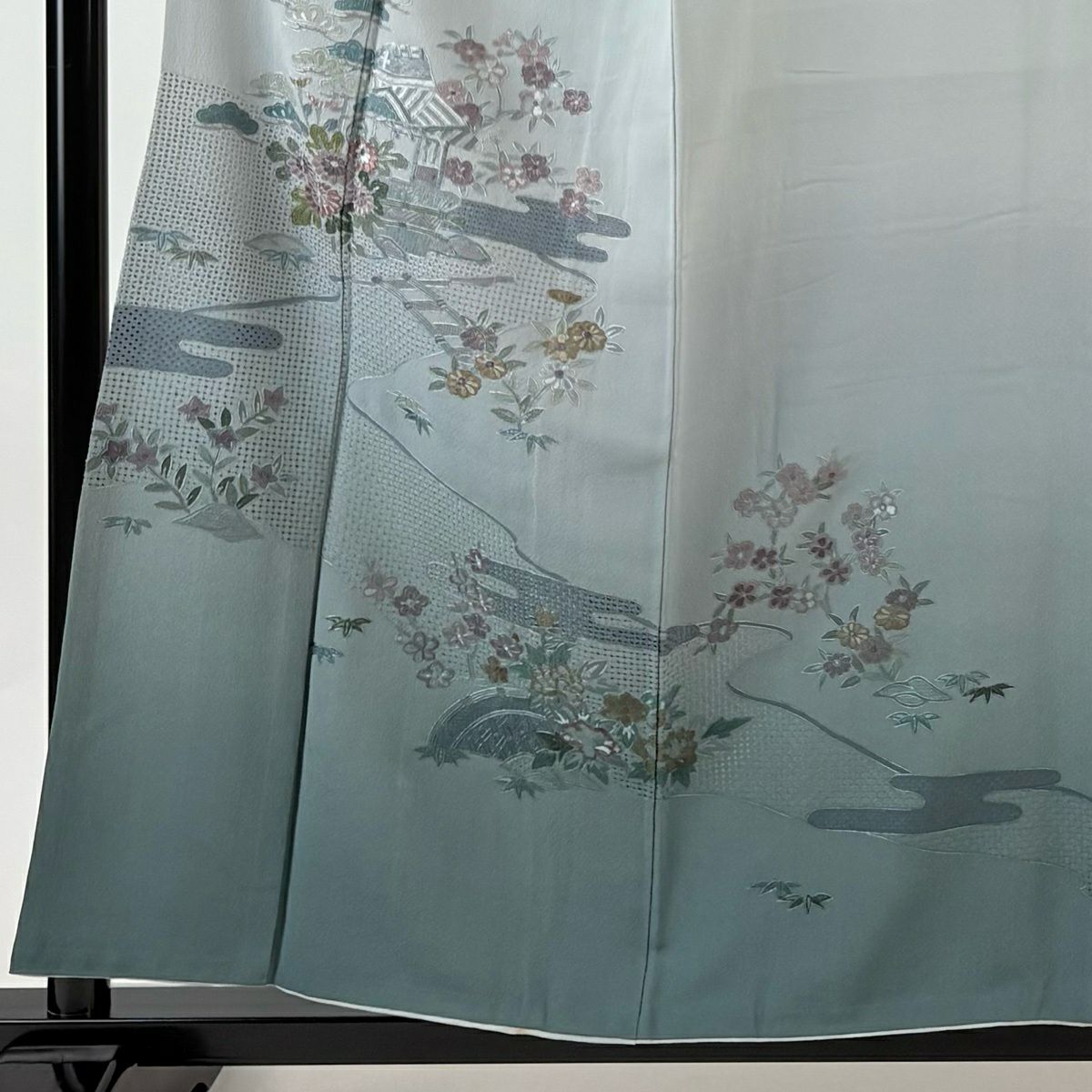訪問服 身長155.5cm 袖長63.5cm S 雙層 松樹竹子梅花 家屋 刺繡 漸層 青灰 純蠶絲 秀品級