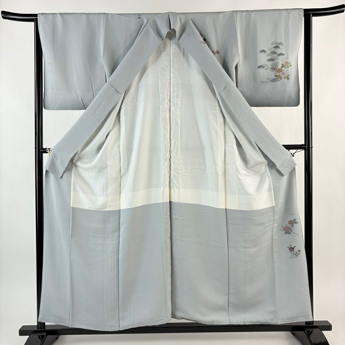 訪問服 身長155.5cm 袖長63.5cm S 雙層 松樹竹子梅花 家屋 刺繡 漸層 青灰 純蠶絲 秀品級