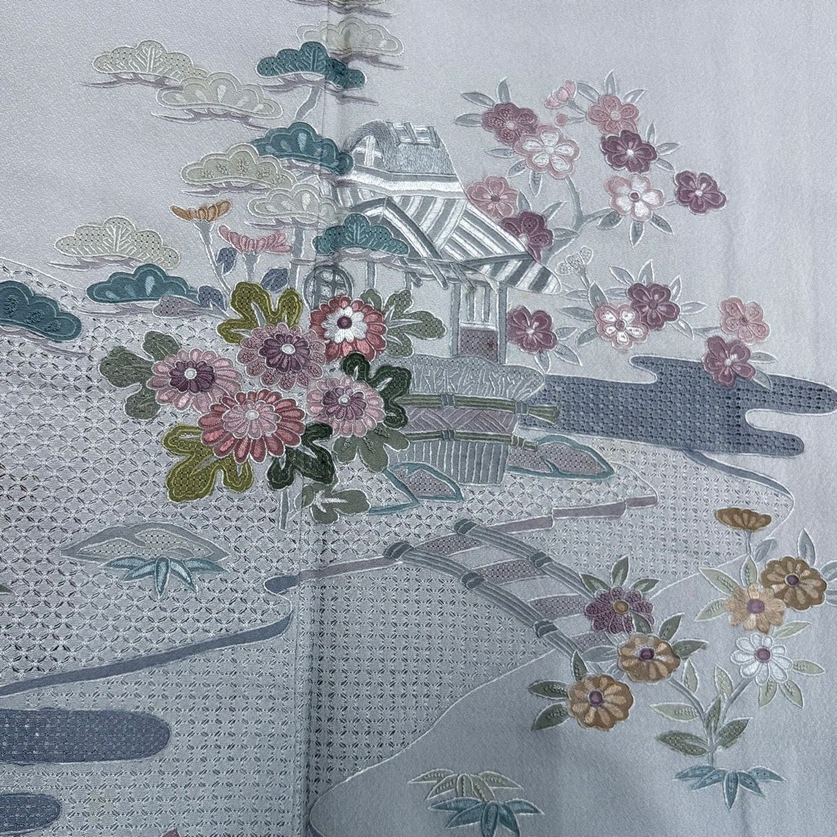 訪問服 身長155.5cm 袖長63.5cm S 雙層 松樹竹子梅花 家屋 刺繡 漸層 青灰 純蠶絲 秀品級