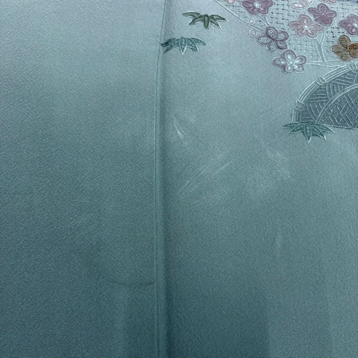 訪問服 身長155.5cm 袖長63.5cm S 雙層 松樹竹子梅花 家屋 刺繡 漸層 青灰 純蠶絲 秀品級