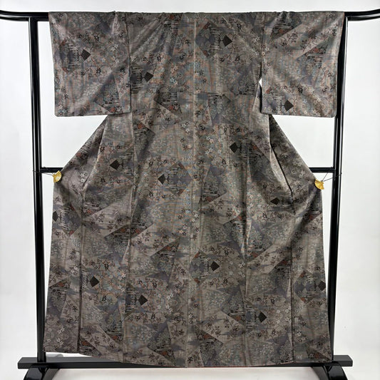 【美品】 大島紬織 身長159cm 袖長62cm S 雙層 純泥染 證書在側 建物 草花紋紋 灰茶 純蠶絲 秀品級