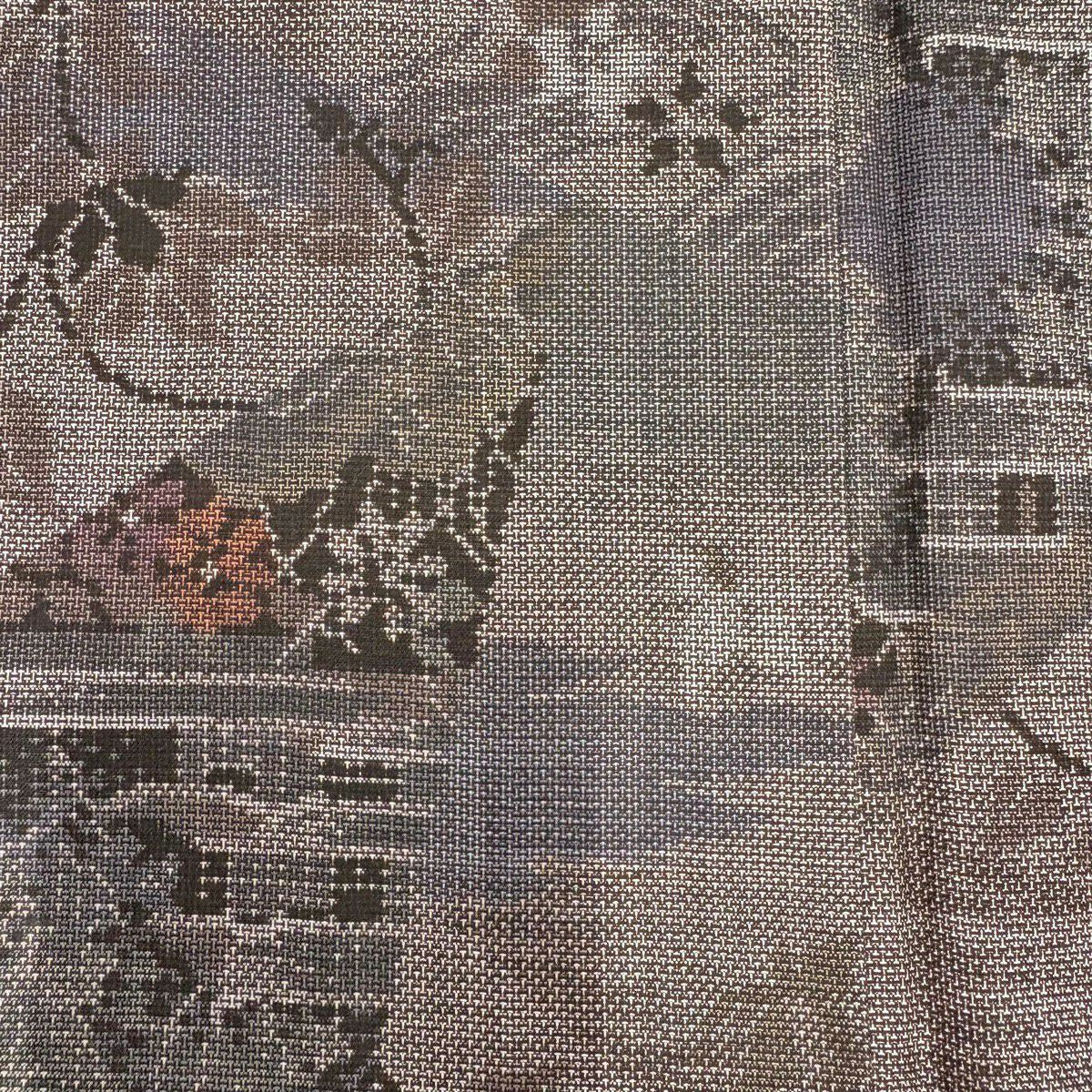 【美品】 大島紬織 身長159cm 袖長62cm S 雙層 純泥染 證書在側 建物 草花紋紋 灰茶 純蠶絲 秀品級