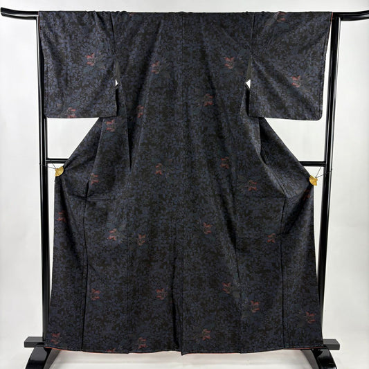 【美品】 大島紬織 身長162cm 袖長65cm M 雙層 純泥染 證書附帶 草花紋紋 黑 純蠶絲 優品級