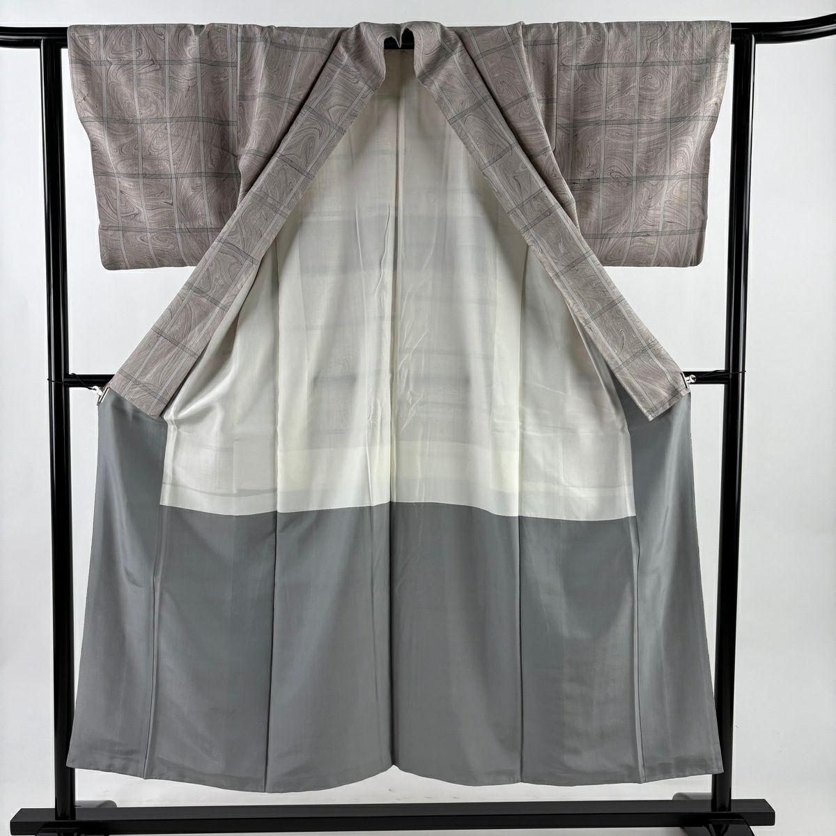 小紋 身長151cm 袖長62.5cm S 雙層 落款有 墨流し 格子 灰紫 純蠶絲 秀品級