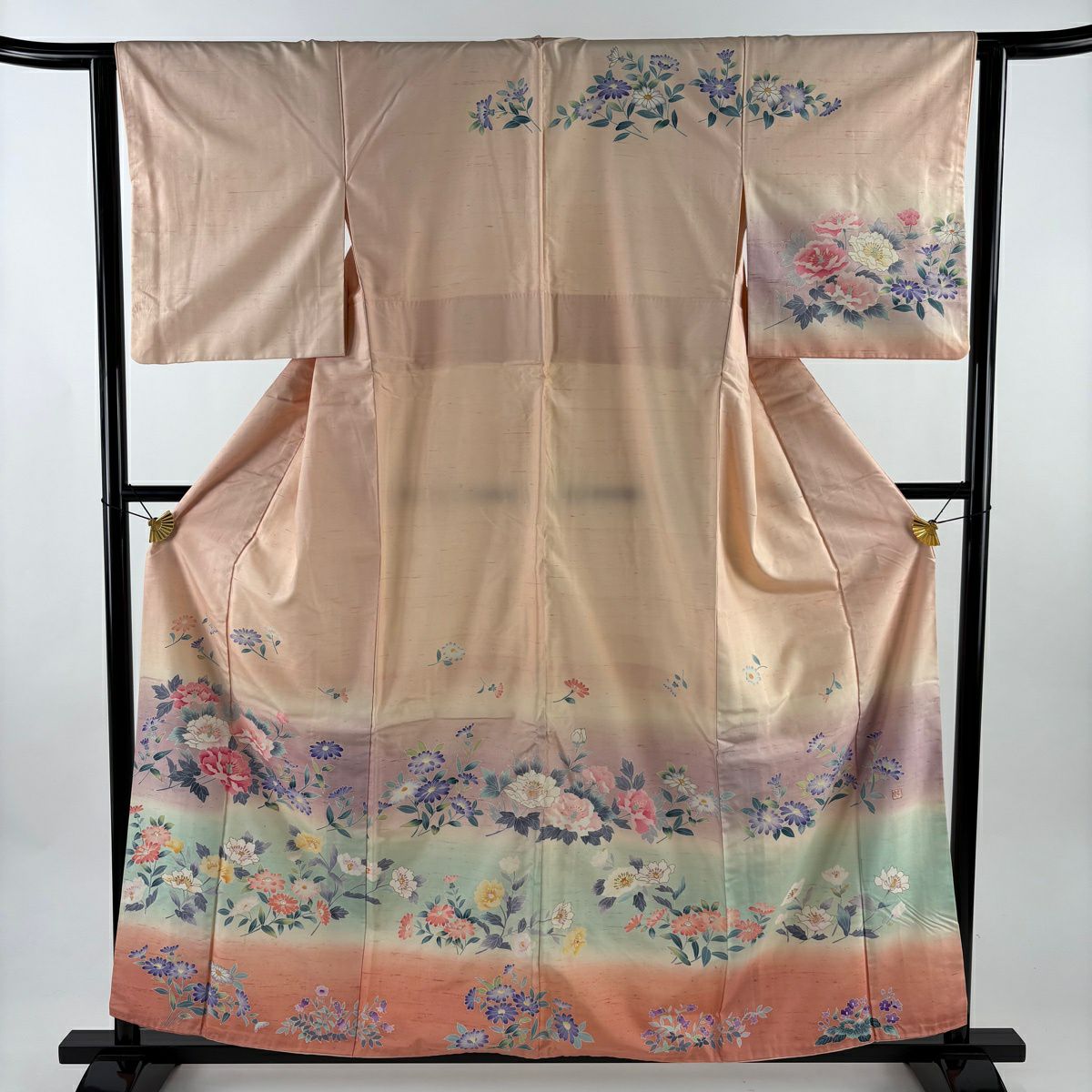 訪問服 身長158.5cm 袖長63cm S 雙層 紬織織 落款あり 草花紋紋 漸層 金彩裝飾 淡粉紅 純蠶絲 優品級