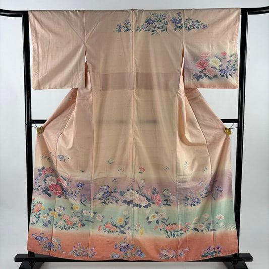 訪問服 身長158.5cm 袖長63cm S 雙層 紬織織 落款あり 草花紋紋 漸層 金彩裝飾 淡粉紅 純蠶絲 優品級
