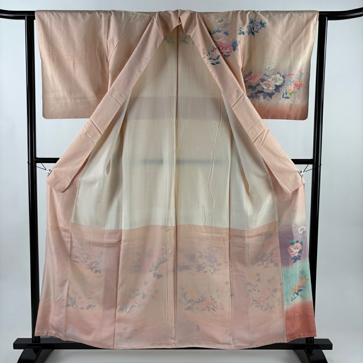 訪問服 身長158.5cm 袖長63cm S 雙層 紬織織 落款あり 草花紋紋 漸層 金彩裝飾 淡粉紅 純蠶絲 優品級