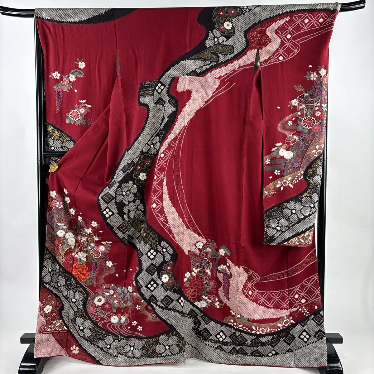 振袖禮服 身長168cm 袖長69.5cm L 雙層 貝桶 草花紋紋 刺繡 金糸 紅 純蠶絲 名品級