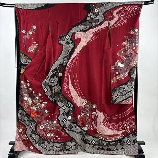 振袖禮服 身長168cm 袖長69.5cm L 雙層 貝桶 草花紋紋 刺繡 金糸 紅 純蠶絲 名品級
