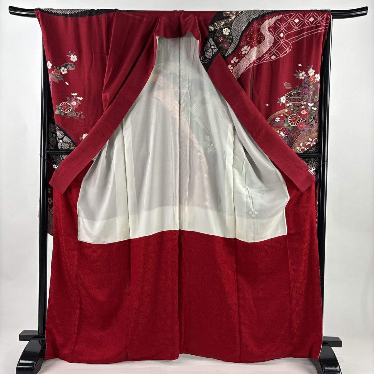 振袖禮服 身長168cm 袖長69.5cm L 雙層 貝桶 草花紋紋 刺繡 金糸 紅 純蠶絲 名品級