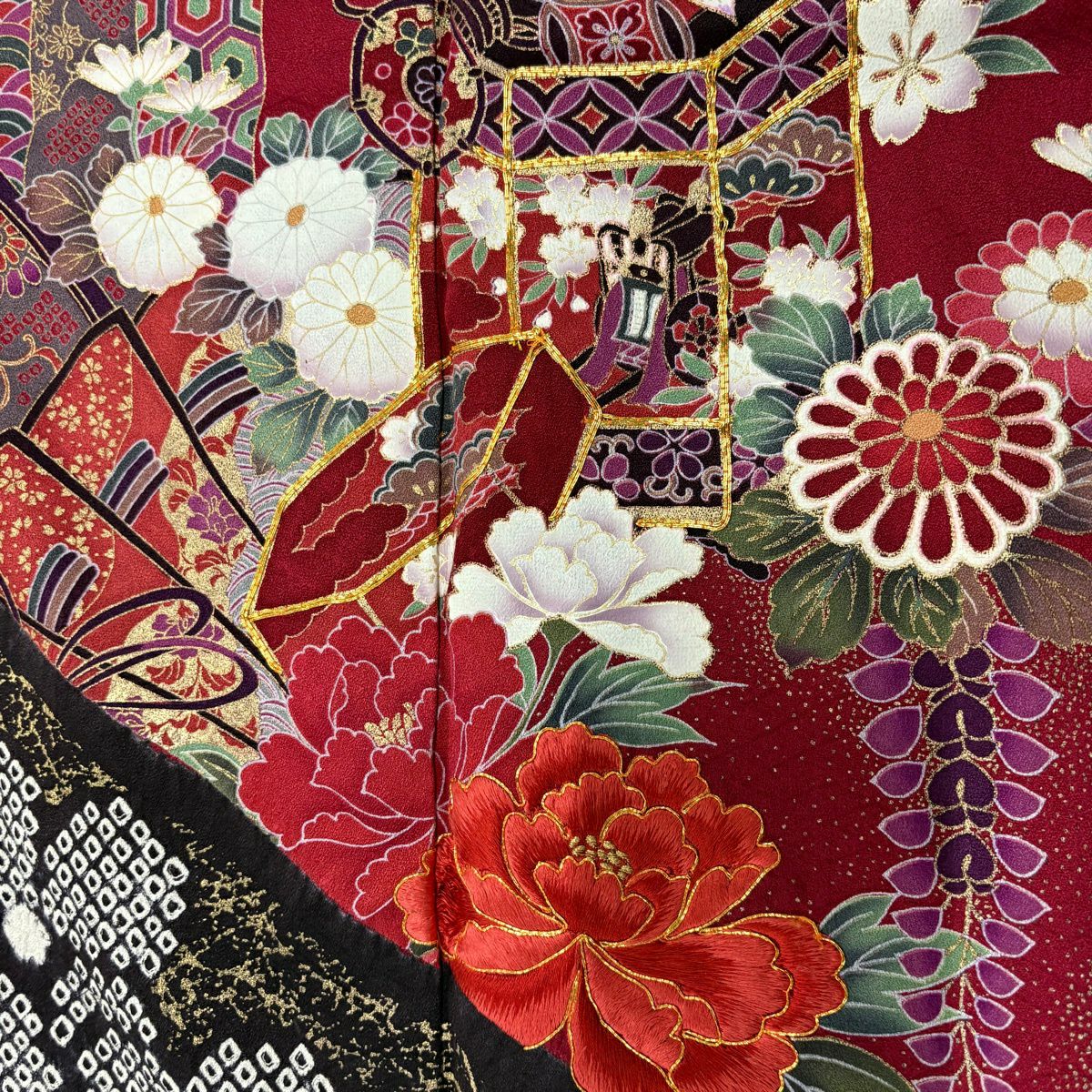 振袖禮服 身長168cm 袖長69.5cm L 雙層 貝桶 草花紋紋 刺繡 金糸 紅 純蠶絲 名品級