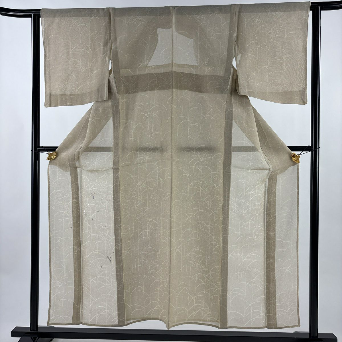 付下 身長155cm 袖長62cm S 薄物 螳螂 芒草 刺繡 銀線 米色 純蠶絲 名品級