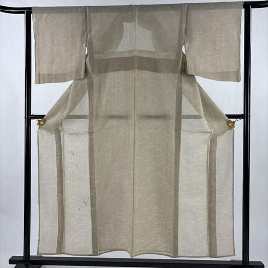 付下 身長155cm 袖長62cm S 薄物 螳螂 芒草 刺繡 銀線 米色 純蠶絲 名品級