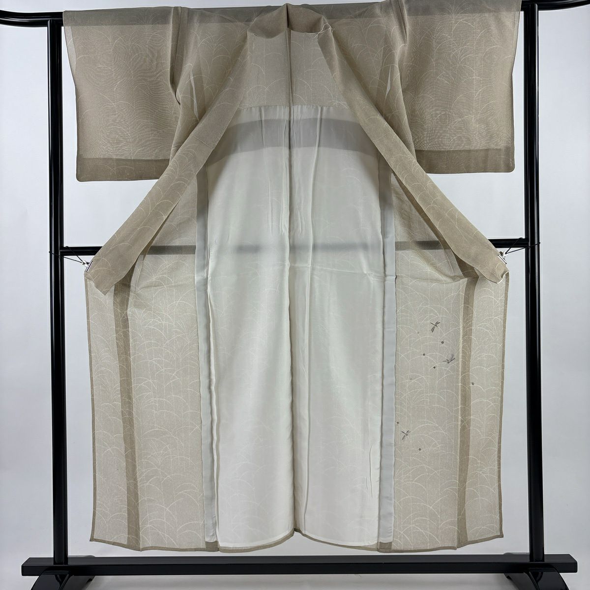 付下 身長155cm 袖長62cm S 薄物 螳螂 芒草 刺繡 銀線 米色 純蠶絲 名品級