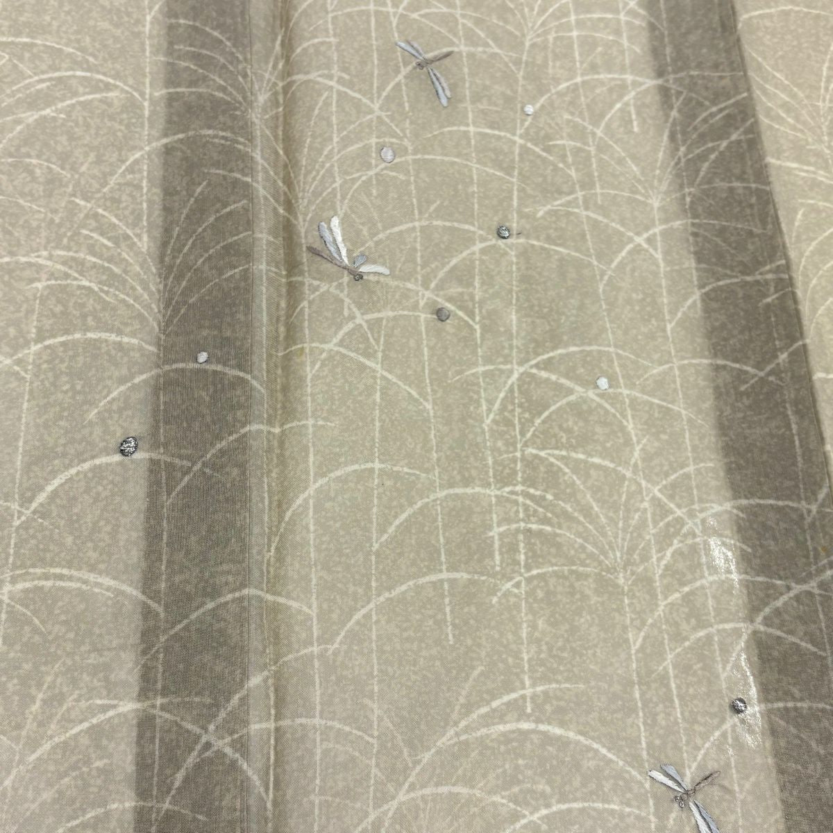 付下 身長155cm 袖長62cm S 薄物 螳螂 芒草 刺繡 銀線 米色 純蠶絲 名品級