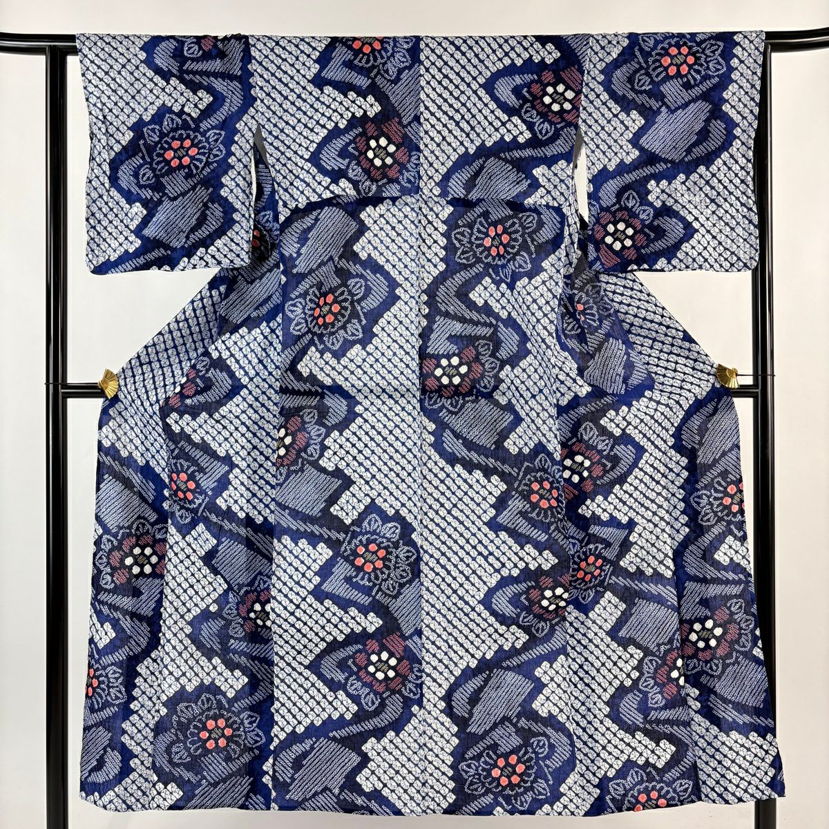 【美品】 浴衣 身長148cm 袖長62cm S 絞染浴衣 草花紋紋 流水 深藍 純棉 名品級