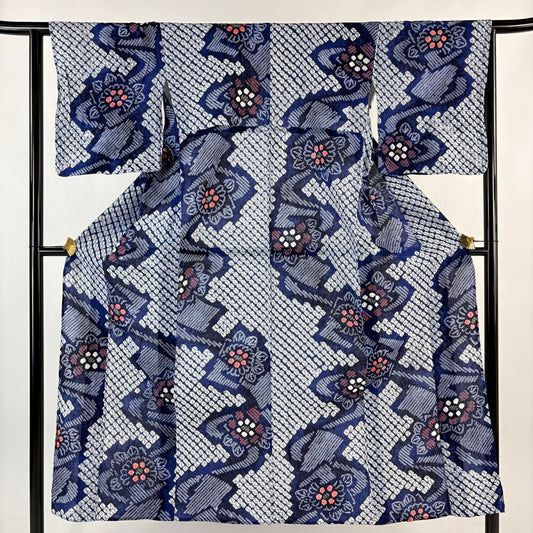 【美品】 浴衣 身長148cm 袖長62cm S 絞染浴衣 草花紋紋 流水 深藍 純棉 名品級