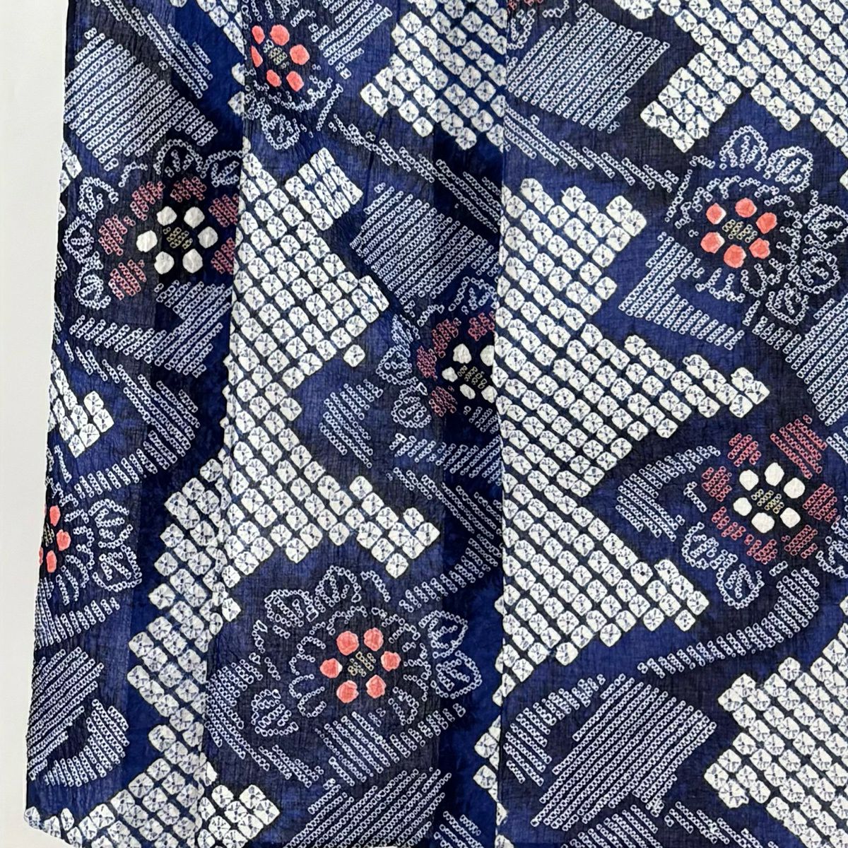 【美品】 浴衣 身長148cm 袖長62cm S 絞染浴衣 草花紋紋 流水 深藍 純棉 名品級
