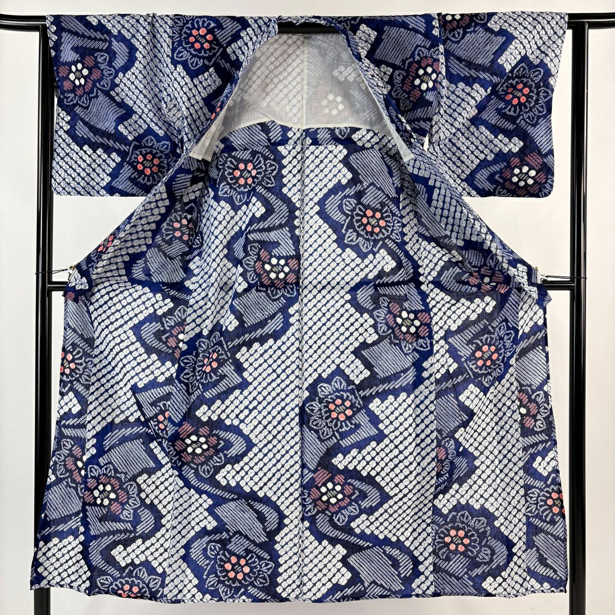 【美品】 浴衣 身長148cm 袖長62cm S 絞染浴衣 草花紋紋 流水 深藍 純棉 名品級
