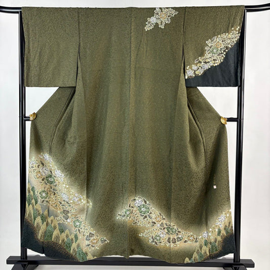 【美品】 付下 身長154cm 袖長65cm M 雙層 辻花染 樹木 茶綠 純蠶絲 名品級