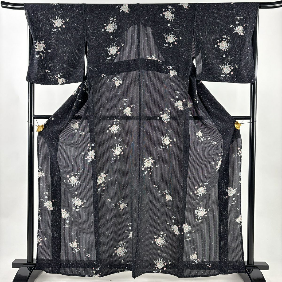 小紋 身長162cm 袖長68.5cm L 薄物 縱絽 花籠 草花紋紋 黑 純蠶絲 名品級