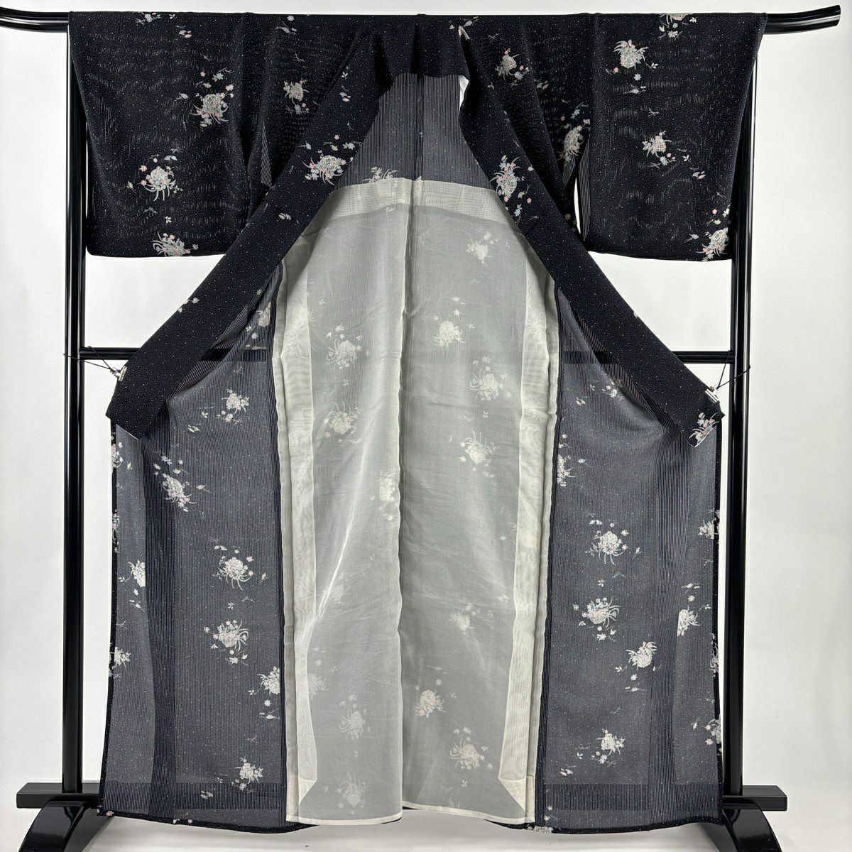 小紋 身長162cm 袖長68.5cm L 薄物 縱絽 花籠 草花紋紋 黑 純蠶絲 名品級