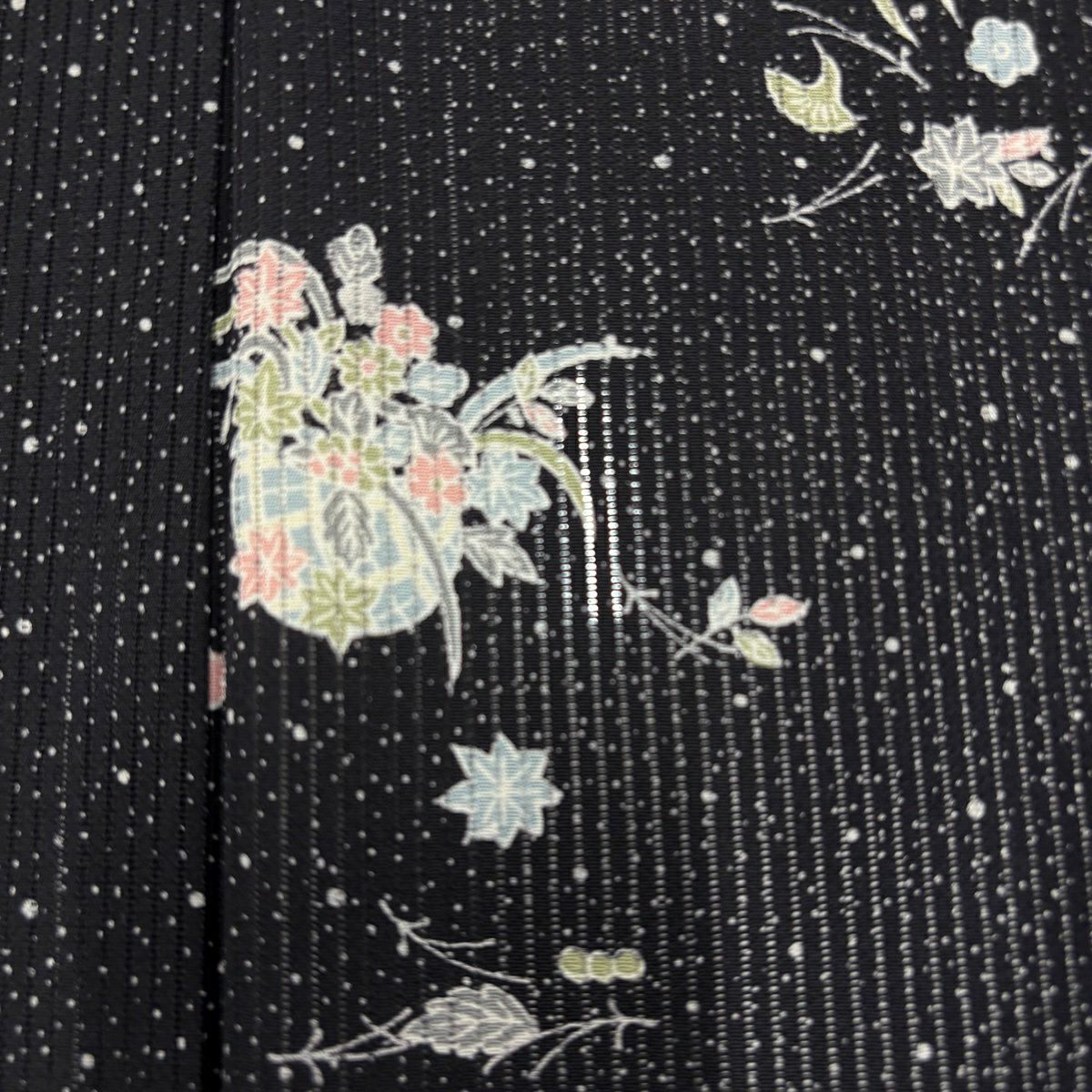 小紋 身長162cm 袖長68.5cm L 薄物 縱絽 花籠 草花紋紋 黑 純蠶絲 名品級