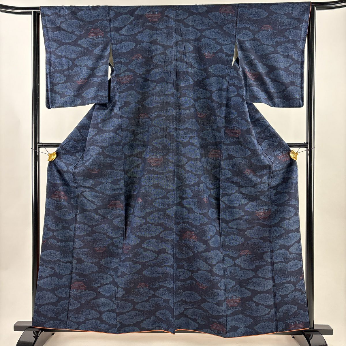 塩澤紬織 身長160cm 袖長63.5cm S 雙層 塩澤紬織織 證書あり 建物 雲文 濃藍 純蠶絲 名品級