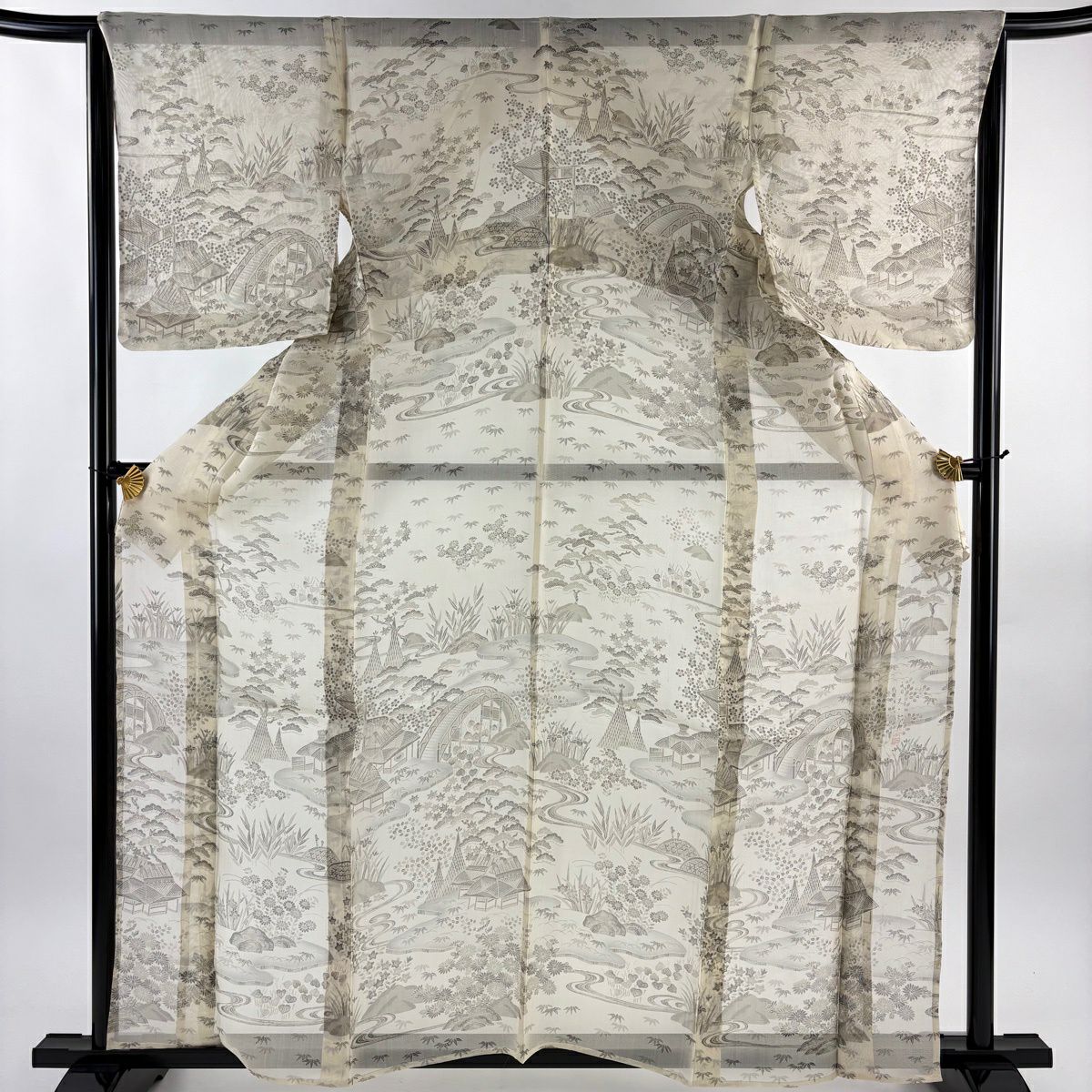 【美品】訪問服 身長160.5cm 袖長65.5cm M 薄物 夏紬織 落款あり 松樹竹子梅花 家屋 米色 純蠶絲 名品級