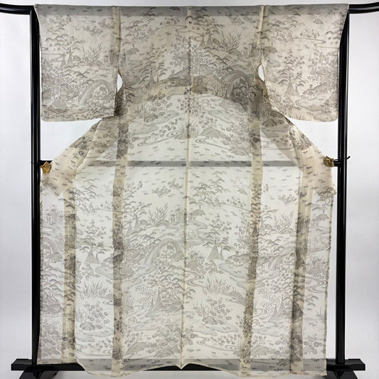 【美品】訪問服 身長160.5cm 袖長65.5cm M 薄物 夏紬織 落款あり 松樹竹子梅花 家屋 米色 純蠶絲 名品級