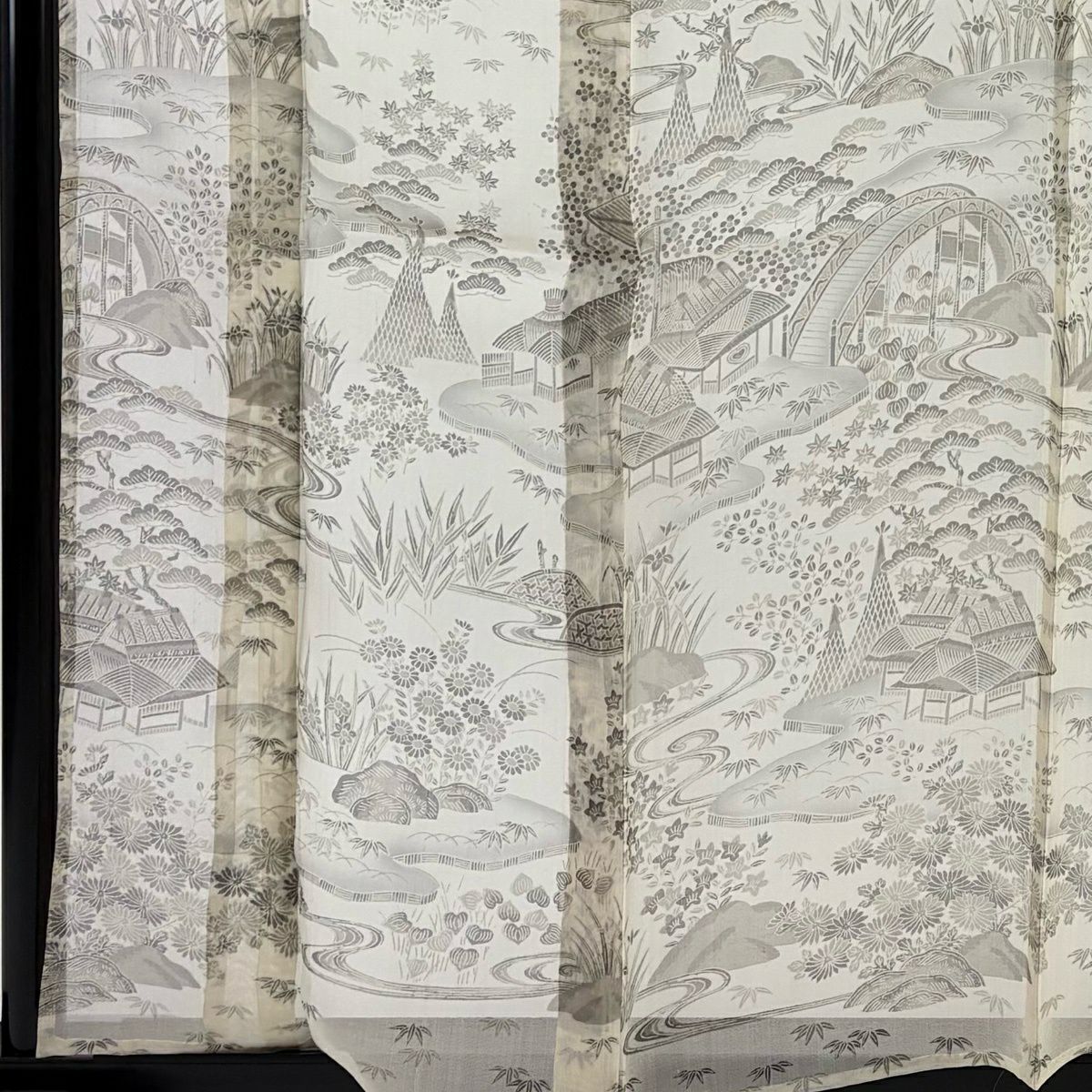 【美品】訪問服 身長160.5cm 袖長65.5cm M 薄物 夏紬織 落款あり 松樹竹子梅花 家屋 米色 純蠶絲 名品級
