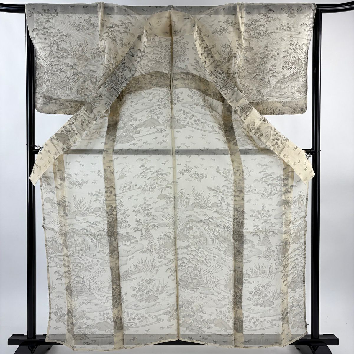 【美品】訪問服 身長160.5cm 袖長65.5cm M 薄物 夏紬織 落款あり 松樹竹子梅花 家屋 米色 純蠶絲 名品級