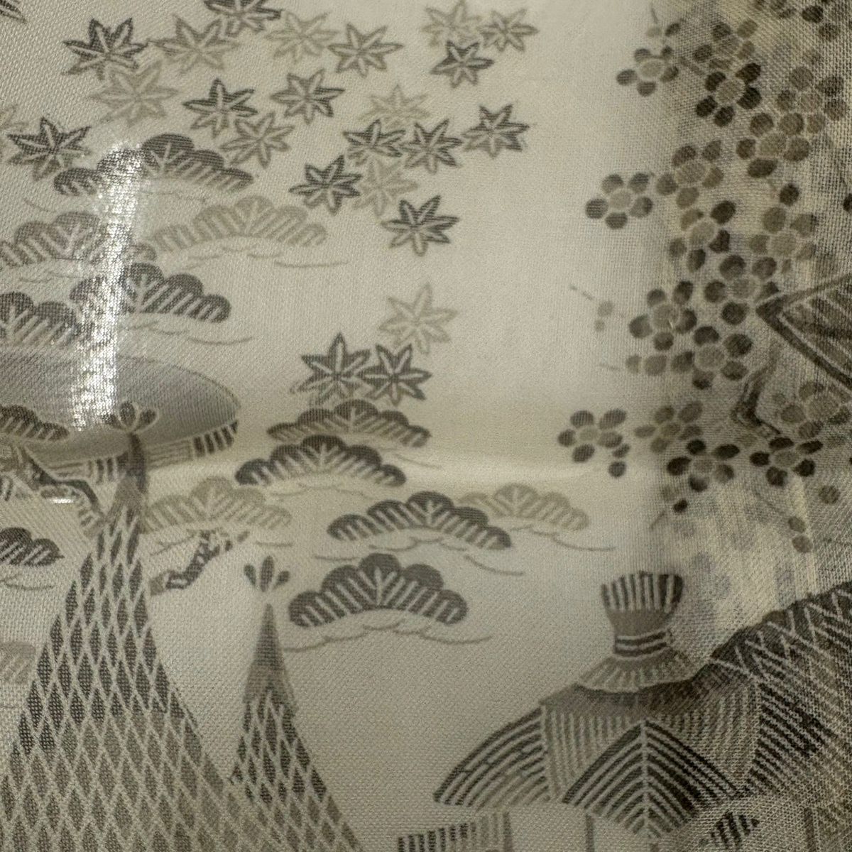 【美品】訪問服 身長160.5cm 袖長65.5cm M 薄物 夏紬織 落款あり 松樹竹子梅花 家屋 米色 純蠶絲 名品級