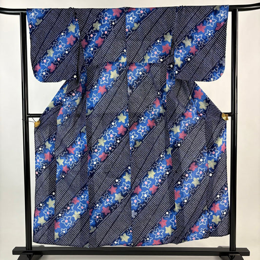 浴衣 身長154cm 袖長61.5cm S 草花紋 斜條 絞染浴衣 深藍 純棉 名品級