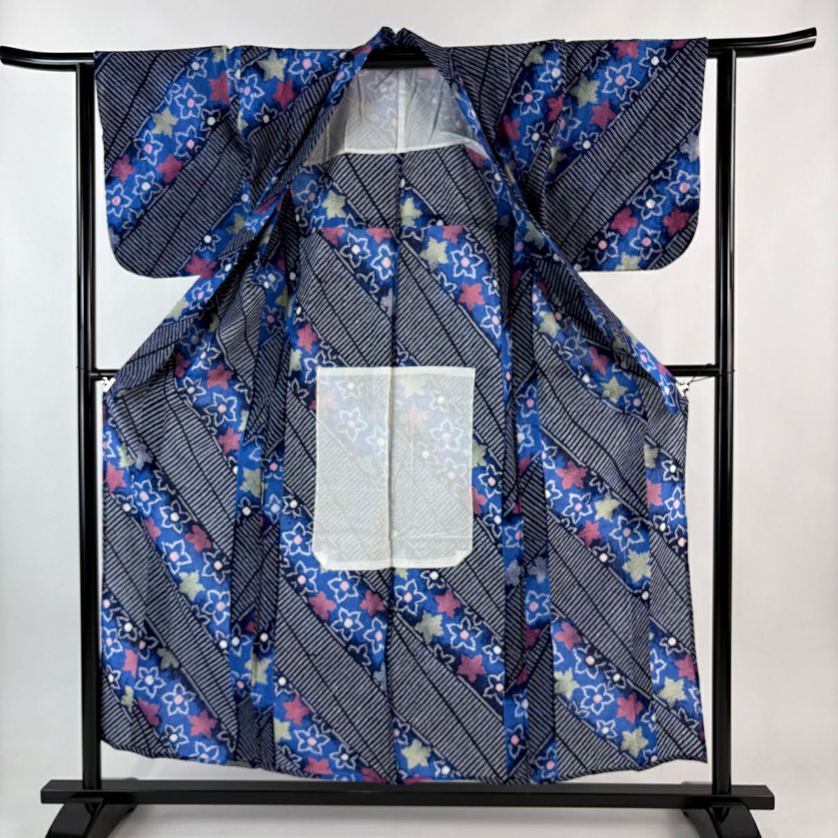 浴衣 身長154cm 袖長61.5cm S 草花紋 斜條 絞染浴衣 深藍 純棉 名品級