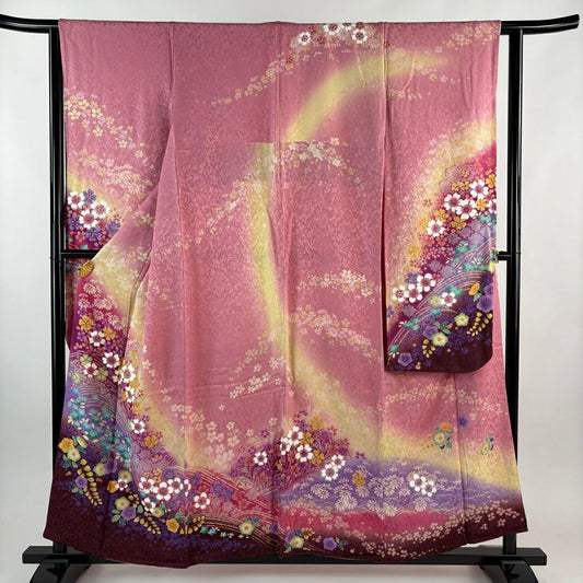【美品】振袖禮服 身長155cm 袖長63.5cm S 雙層 櫻花 流水 金通 金絲 粉色 純蠶絲 名品級